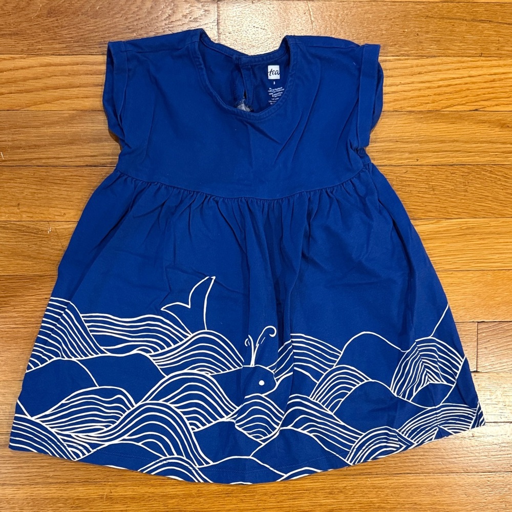 Tea Collection size 3 Blue with White Wave + whale cotton dress
